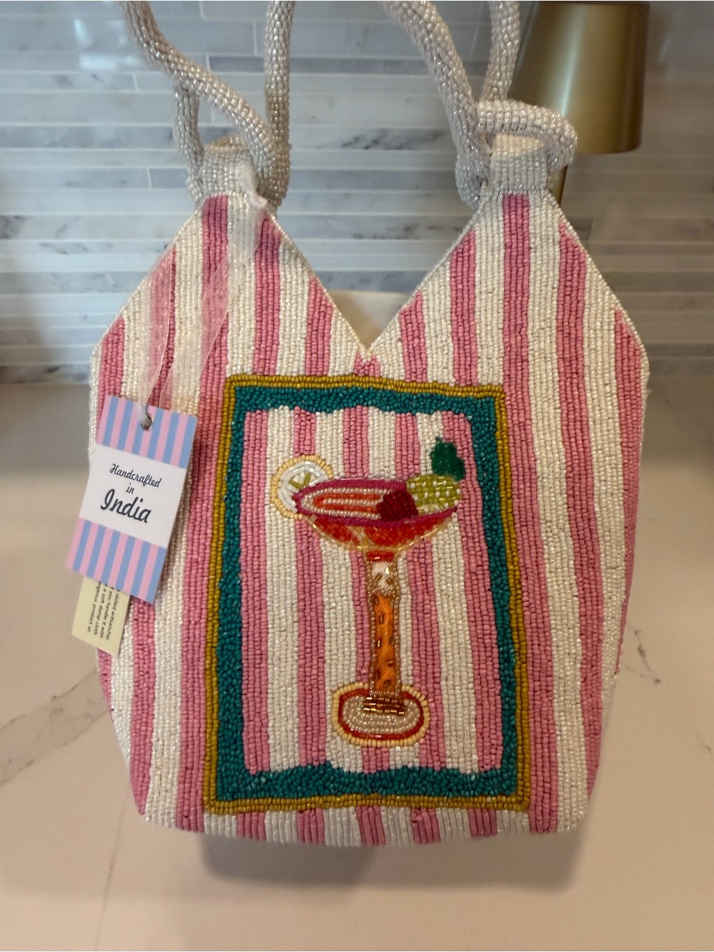 RARE Handcrafted Martini Cocktail Pink White Stripes Green Beaded Tote Bag